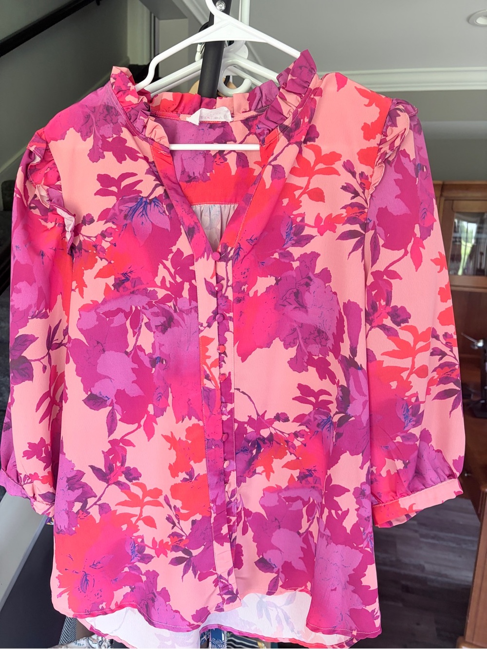 First Love Pink & Fuchsia Floral Ruffled V-Neck Blouse